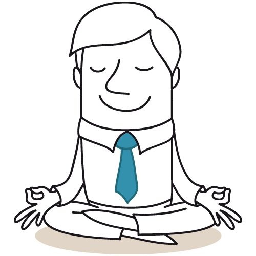 A cartoon-style illustration of a businessman in a suit and tie, sitting cross-legged with a serene expression while meditating.